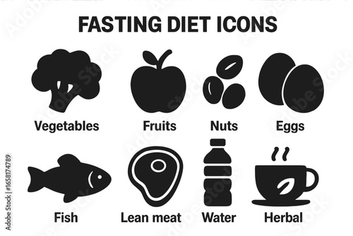 Fasting diet icon set. Intermittent fasting solid glyphs. Healthy food nutrition concept. Vector icons of vegetables, fruits, nuts, eggs, fish, lean meat, water, herbal tea.