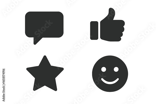 Feedback and review icons set. Solid glyph symbols for customer satisfaction survey, polling, and user experience rating. Comment bubble, thumbs up, star, and smiley face.