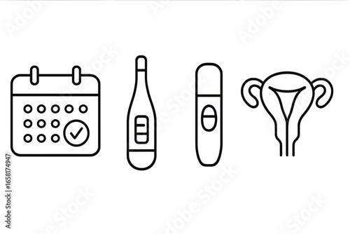 Fertility tracking outline icon set. Vector symbols for ovulation calendar, basal thermometer, pregnancy test, uterus. Women's health, gynecology, conception and reproduction.