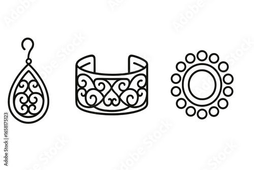 Filigree and metalwork jewelry icon set. Vector outline illustration of elegant earring, openwork cuff bracelet, and granulation brooch. Delicate handmade accessories design.
