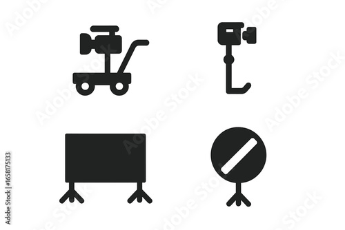 Solid glyph icon set of film crew equipment. Vector symbols for filmmaking, including camera dolly, steadicam, green screen, and light reflector for professional video production.