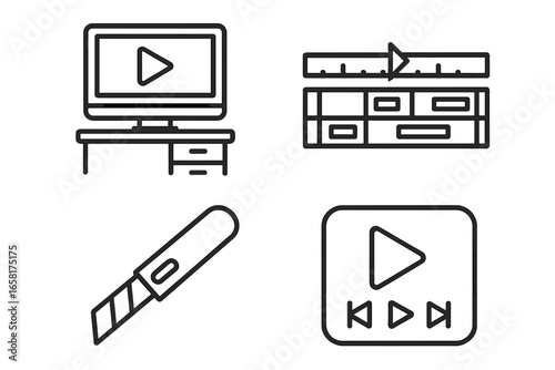 Film editing outline icon set. Video production and post-production symbols. Editing workstation, timeline interface, cutting blade, and media player controls vector illustration.