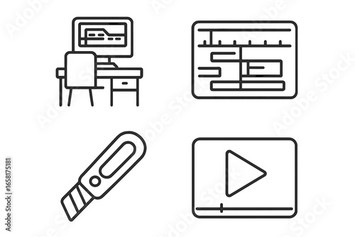 Film editing and video post-production outline icon set. Editing workstation, software timeline interface, razor blade cut tool, and media player playback. Vector symbols.