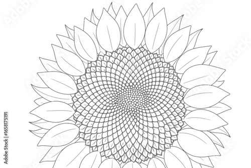 A detailed black and white line drawing of a sunflower with petals and intricate center pattern