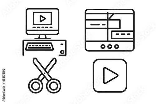 Film editing outline icon set for post production. Video editing workstation computer, software timeline interface, cutting tool, and play button symbols for filmmaking.