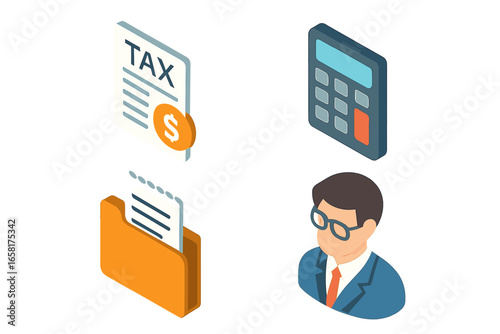 Finance and tax icon set. Isometric vector icons for financial management, accounting, and budget planning. Includes tax form, calculator, receipt folder, and accountant avatar.