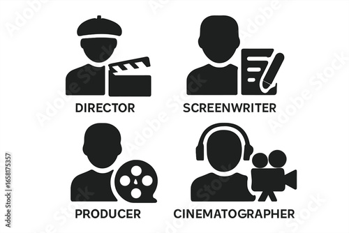 Filmmaker roles solid glyph icon set. Film production professions pictogram collection. Director, screenwriter, producer, cinematographer vector symbols for movie making, cinema.