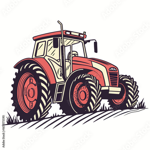 Red Farm Tractor Illustration on Field