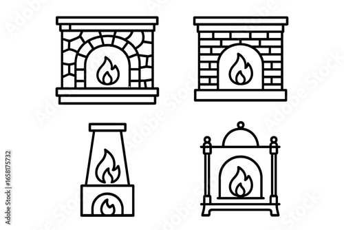 Fireplace icon set vector collection. Outline icons of architectural elements like stone mantel, brick hearth, and classic stoves for interior design. Home decor symbol.