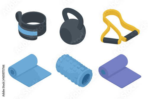 Fitness and gym equipment isometric icon set. Vector collection of workout gear like kettlebell, yoga mat, foam roller, resistance band, wrist wrap. Health and sport concept.