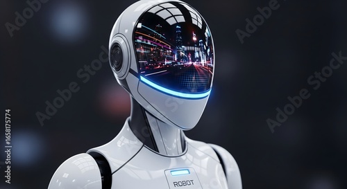 Portrait of a sleek humanoid robot with a reflective visor showing a city. A concept for artificial intelligence, the future of technology, and modern robotics.
