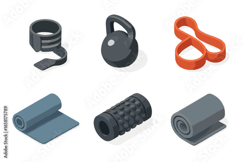 Fitness equipment icon set. Isometric vector illustration of gym workout accessories. Kettlebell, resistance band, yoga mat, foam roller, wrist wrap for sport and training.