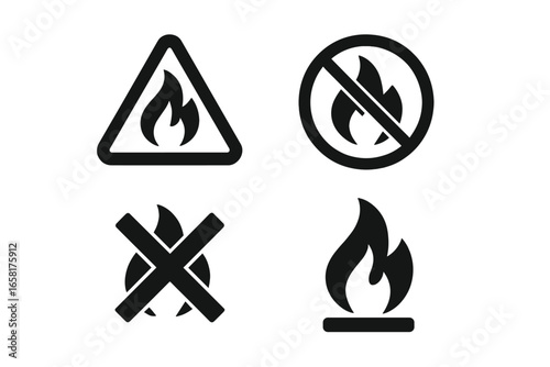 Flame hazard solid icons set. Vector fire safety signs. Flammable material warning, no open flame prohibited symbol. Danger and caution pictogram collection. Glyph illustration.