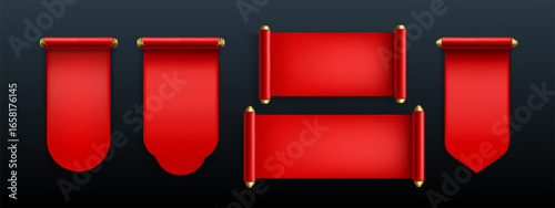 Chinese scroll paper banners with golden holders and crimson fabric texture for traditional ceremony decoration. Ancient oriental parchment collection in various shapes for authentic cultural design.