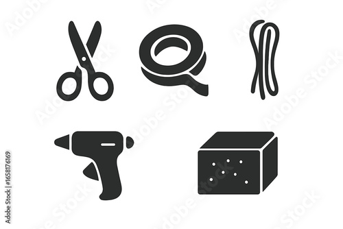 Floral design tools solid glyph icon set. Florist equipment collection with scissors, tape, wire, hot glue gun, and foam block. Crafting and DIY supplies vector silhouette.