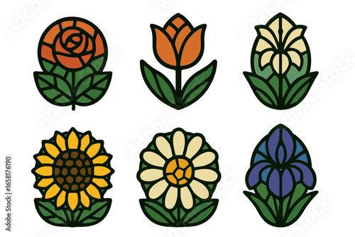 Floral stained glass style icon set. Vector illustration of various flowers like rose, tulip, lily, sunflower, daisy, and iris. Decorative mosaic elements for graphic design.