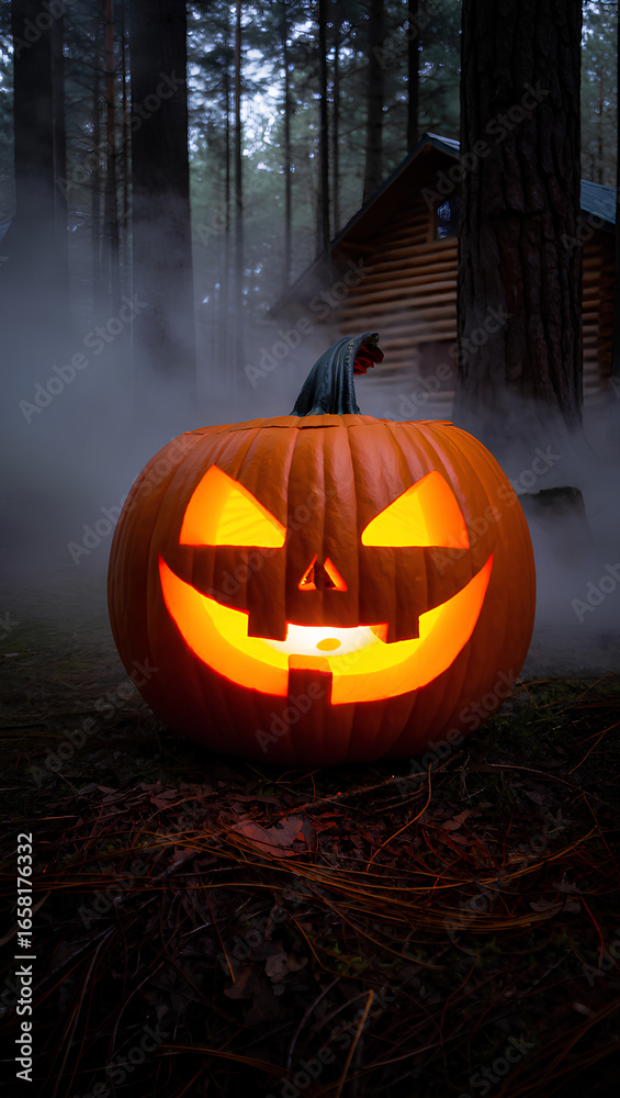 Obraz premium Glowing Jack-o'-Lantern in Foggy Forest with Cabin, Spooky Halloween Scene with Pumpkin Lantern, Dark Mystical Woods and Haunted Atmosphere, Creepy Gothic October Night Fantasy Artwork Designs