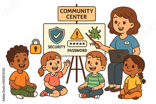 Cybersecurity education for kids. Teacher giving lesson on internet safety, password protection, and virus threats. Children learning digital literacy in a class. Vector cartoon.