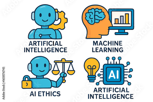 Artificial intelligence concepts icon set. Vector cartoons of a robot with gear, machine learning brain with data chart, AI ethics with justice scales, and innovation chip.