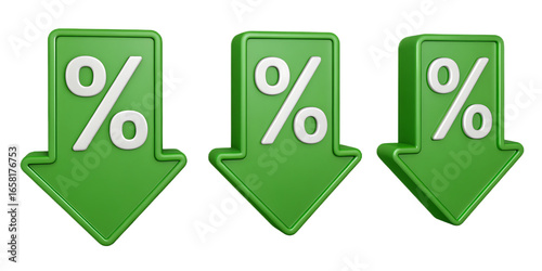 Falling Sales Prices and Discounts Three Green Percentage Arrows Pointing Down Representing Lower Interest Rates