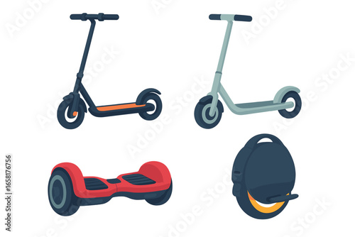 Modern electric transport set. E-scooter, hoverboard, monowheel vector collection. Urban personal mobility, eco-friendly city vehicle concept. Isolated cartoon illustration.
