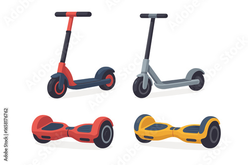 Set of modern electric scooters and hoverboards. Urban personal mobility devices. E-scooter and self-balancing board collection. Flat cartoon vector illustration isolated.