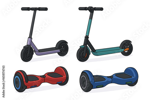 Electric scooter and hoverboard vector illustration set. Modern personal urban transport. E-scooter and self-balancing gyroscooter collection. Eco friendly mobility concept.