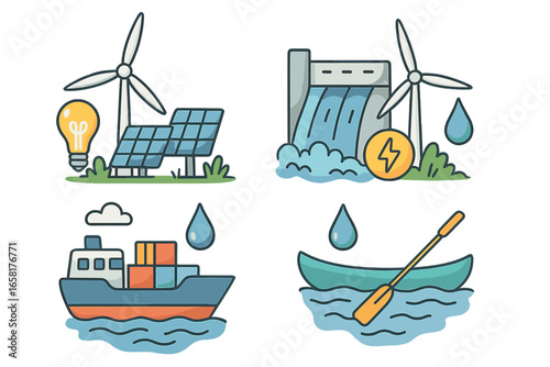 Renewable energy icon set with solar panel, wind turbine, and hydroelectric dam. Green power concepts. Water transport with cargo ship and canoe. Vector cartoon illustration.