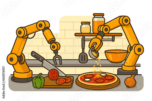 Robotic arms making pizza. Automation in cooking, food industry technology, and AI in restaurants concept. Future culinary automation process. Vector cartoon illustration.