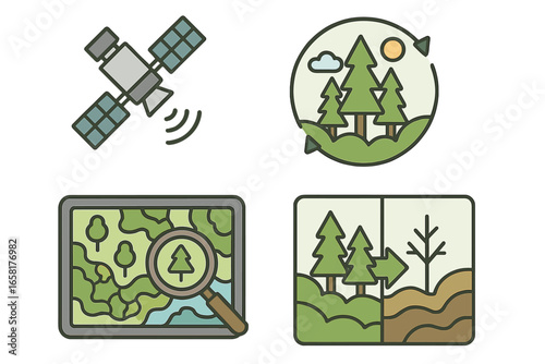 Satellite technology for mapping forests and monitoring vegetation. Icon set shows environmental damage, deforestation, climate change concepts. Vector for conservation and ecology research.