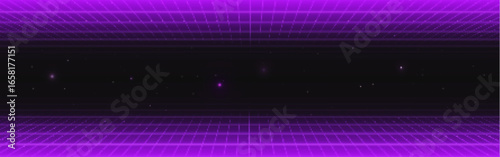 Game retro grid background with purple neon wireframe and starry space for synthwave design. Cyberpunk digital landscape with geometric floor pattern and cosmic elements by futuristic aesthetic.