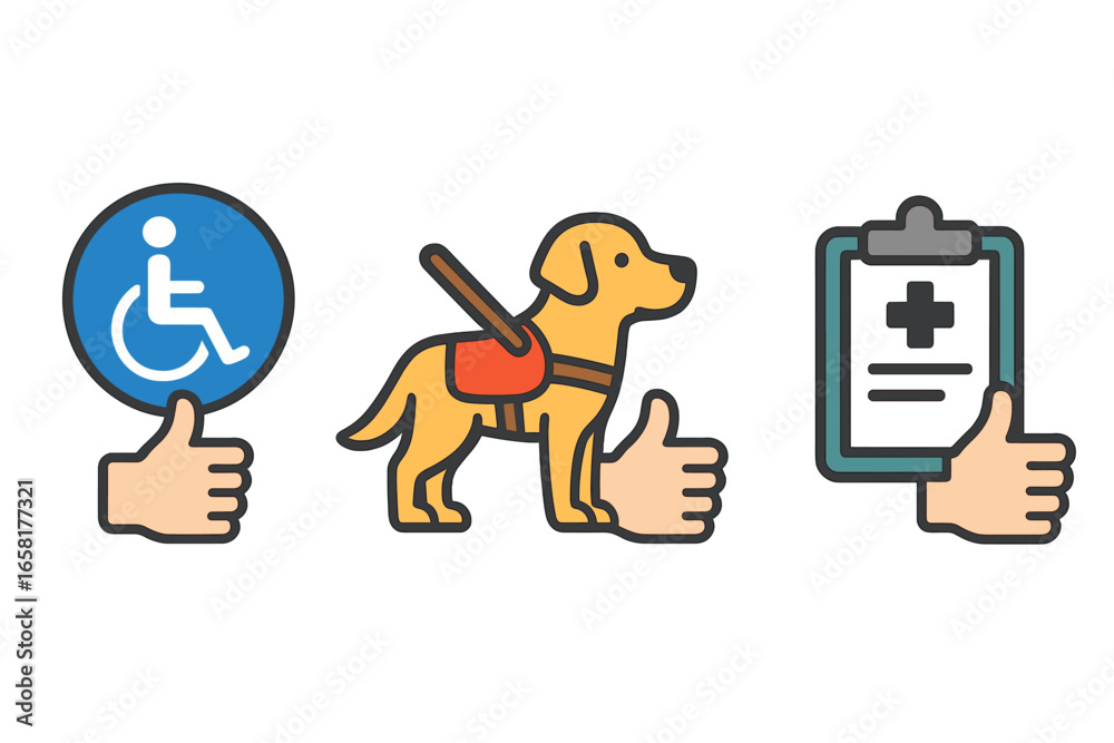Support for accessibility icon set. Thumbs up with wheelchair symbol, service animal, health document. Vector concept for disability aid, guide dog, medical record, assistance. Support for accessibility icon set. Thumbs up with wheelchair symbol, service animal, health document. Vector concept for disability aid, guide dog, medical record, assistance.