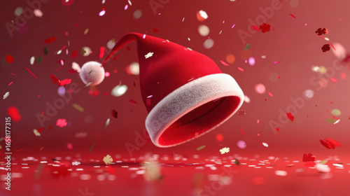 Festive red Santa hat with white trim surrounded by colorful confetti on vibrant red background