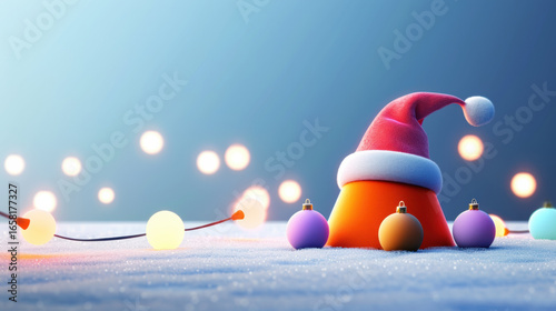 Festive scene with Santa hat and colorful ornaments on snow, glowing lights in background