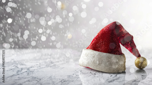 Red Santa hat with white trim and gold pom pom on marble surface, surrounded by festive bokeh lights and snowflakes