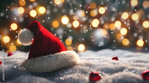Santa hat rests on snow with festive bokeh lights in background, creating warm holiday atmosphere