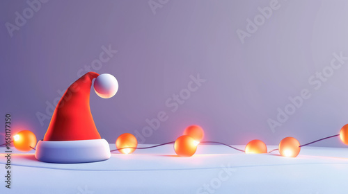 Santa hat with glowing string lights on snowy surface, creating festive and cozy atmosphere