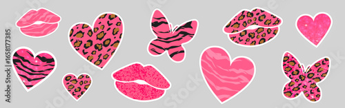 Y2k glitter sticker set with pink leopard hearts, zebra butterflies and sparkly lips for nostalgic decoration. Retro glamour girly patches with animal prints, glossy textures by 2000s aesthetic.