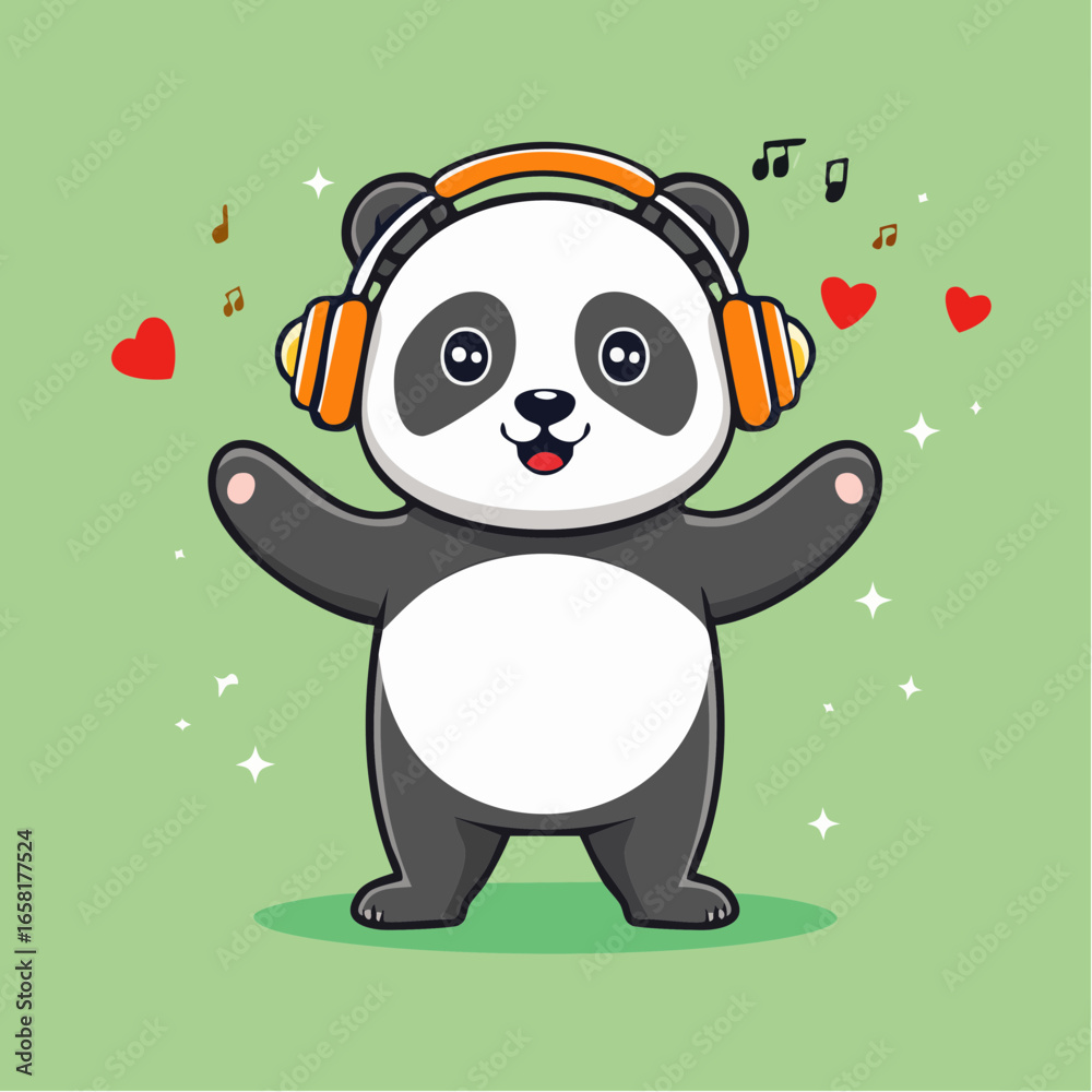 Obraz premium Cute cartoon panda wearing headphones, listening to music, with hearts and musical notes.