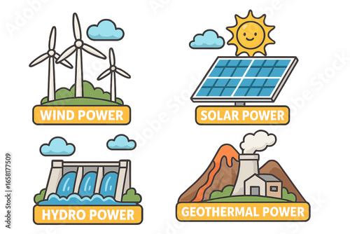 Renewable energy icon set with wind turbine, solar panel, hydro dam, geothermal plant. Green power sources. Sustainable, clean, alternative electricity concept for infographics.