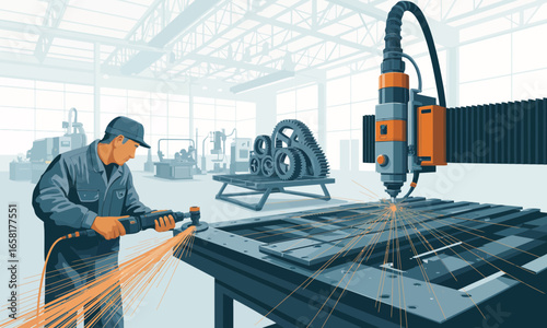 Industrial worker grinding metal with sparks flying in a factory setting with advanced machinery and gear displays showcasing manufacturing processes