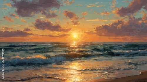 Vibrant ocean sunset with dramatic clouds. AI image