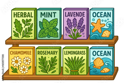 Set of scented herbal tea boxes on a shop shelf. Vector cartoon illustration of natural aromatherapy packaging design with mint, lavender, chamomile, lemongrass, and rosemary.