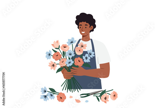 Flat design Man makes floral arrangement on a white background, using cutting shears