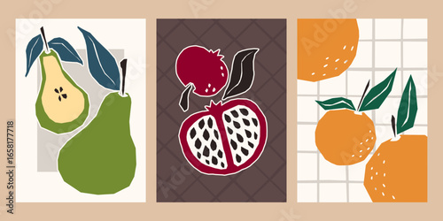 Modern fruit poster designs with pear shapes, pomegranate cross section and orange citrus artwork for wall decor. Abstract botanical illustrations with geometric backgrounds for contemporary kitchens.