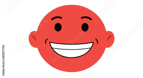 Red-faced cartoon smiles widely on plain background for use in positive emotions