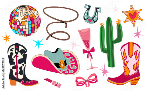 Disco cowgirl elements with mirror ball, rope lasso, horseshoe and hat, boots and sheriff star for party designs. Western accessories with pink bows, cocktail glass and retro rodeo or country icons