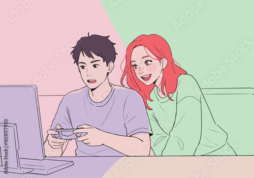 Gamer with friend playing at home, in background couch, could be used for game site