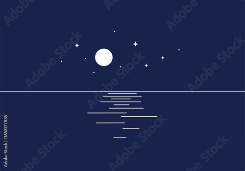 Moon reflects on still water below twinkling stars; dreamy concept use