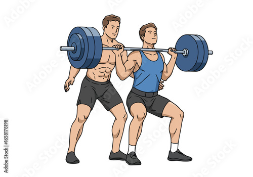 Athletic man squatting with barbell, spotter behind him. Workout illustration